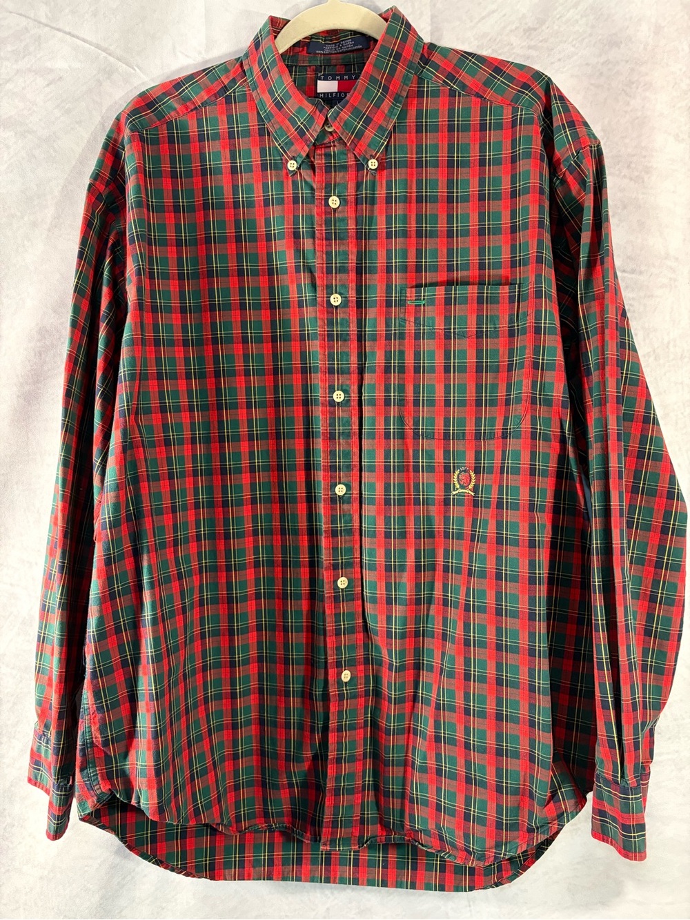 Vintage Tommy Hilfiger Plaid Button Down Shirt Men’s Large Red Green Cotton